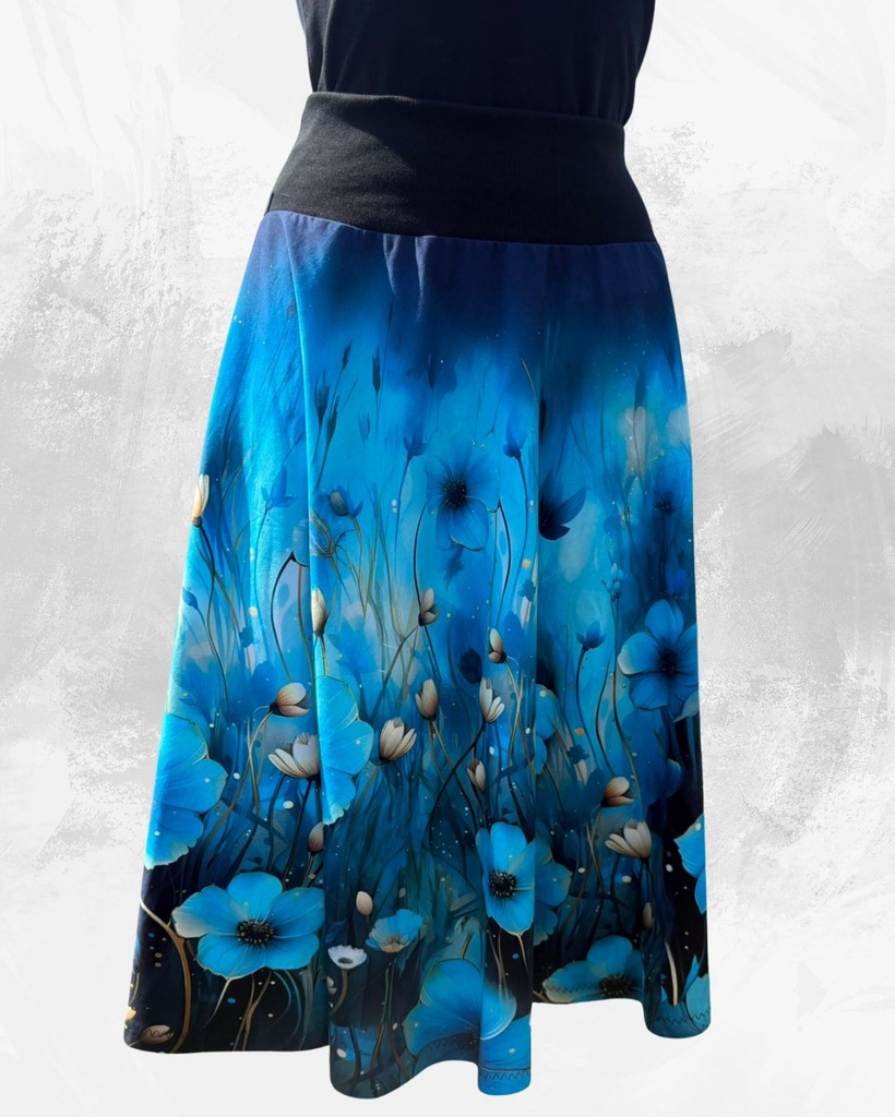 Dámská midi půlkolová úpletová sukně,modré květy na černé